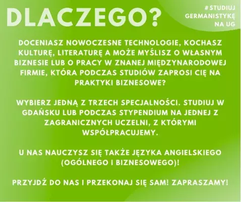 Plakat informujący dlaczego warto studiować germanistykę