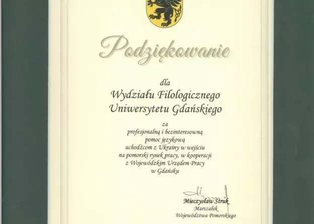Podziękowanie Marszałka Województwa Pomorskiego dla Wydziału Filologicznego za pomoc uchodźcom z…